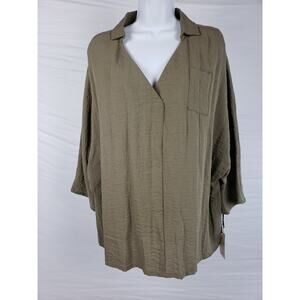 Harriet's San Francisco Green Loose Lagenlook Collared Shirt O/S Linen Cotton